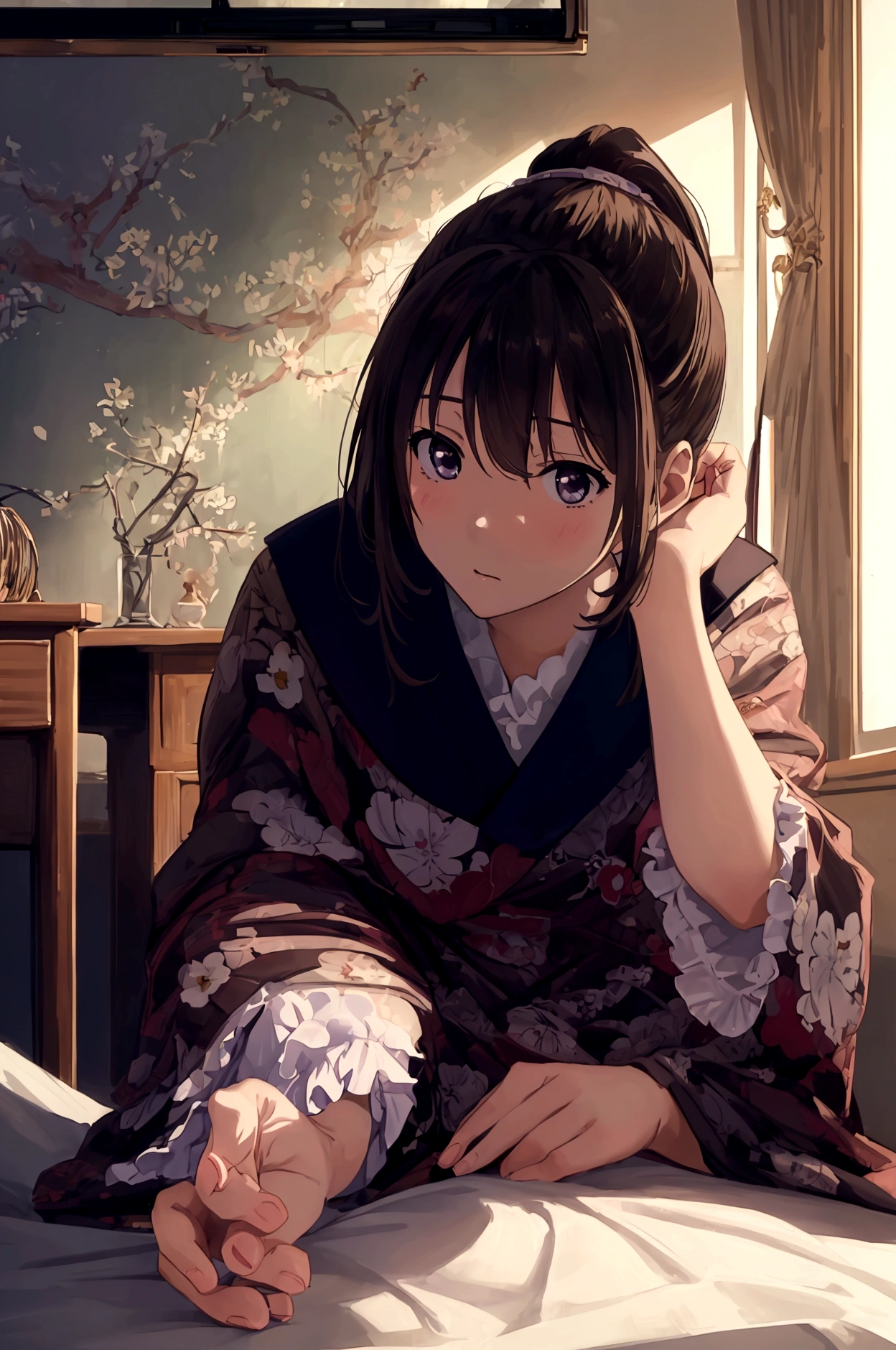 Absurd resolution, high resolution, (masterpiece: 1.4), super detailed, (((detailed face, detailed expression)), two girls, girl and girl, friends, best friends, classmates, relaxing, ponytail, bob, sitting on bed, sitting on the floor, two people conversing, background in room, friends, best friend, home, 1K, small room, curtains, bed, TV, desk, room wear, kyoto animation, The atmosphere of Kyoto Animation, (tearful)