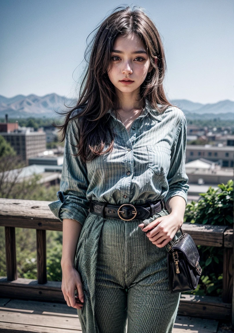 The image shows an young beatiful woman standing against a plain background, wearing a green button-up shirt and matching trousers, open chest, accessorized with a brown belt with a large buckle and carrying a light-colored handbag. This ensemble exudes a coordinated and stylish look, perfect for a casual yet put-together appearance.