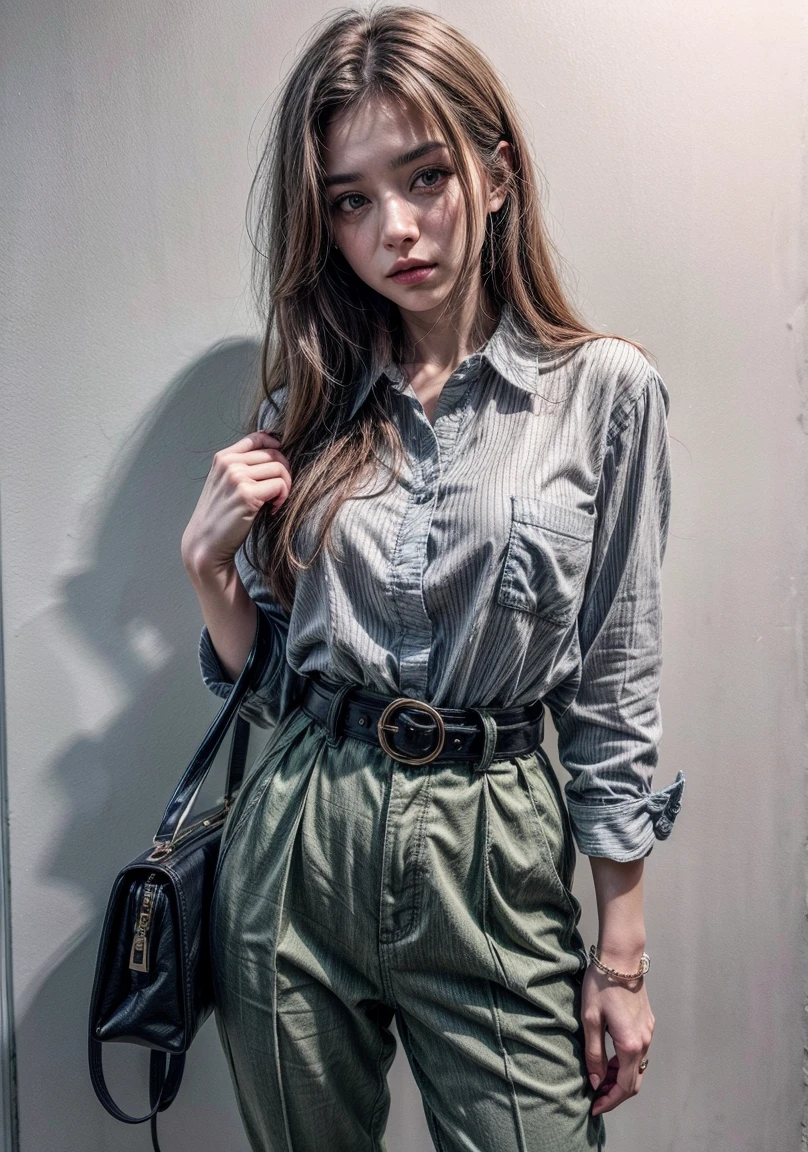 The image shows an young beatiful woman standing against a plain background, wearing a green button-up shirt and matching trousers, accessorized with a brown belt with a large buckle and carrying a light-colored handbag. This ensemble exudes a coordinated and stylish look, perfect for a casual yet put-together appearance.