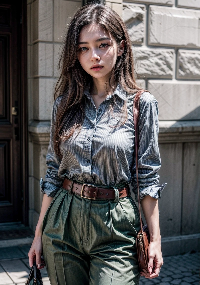 The image shows an young beatiful woman standing against a plain background, wearing a green button-up shirt and matching trousers, accessorized with a brown belt with a large buckle and carrying a light-colored handbag. This ensemble exudes a coordinated and stylish look, perfect for a casual yet put-together appearance.
