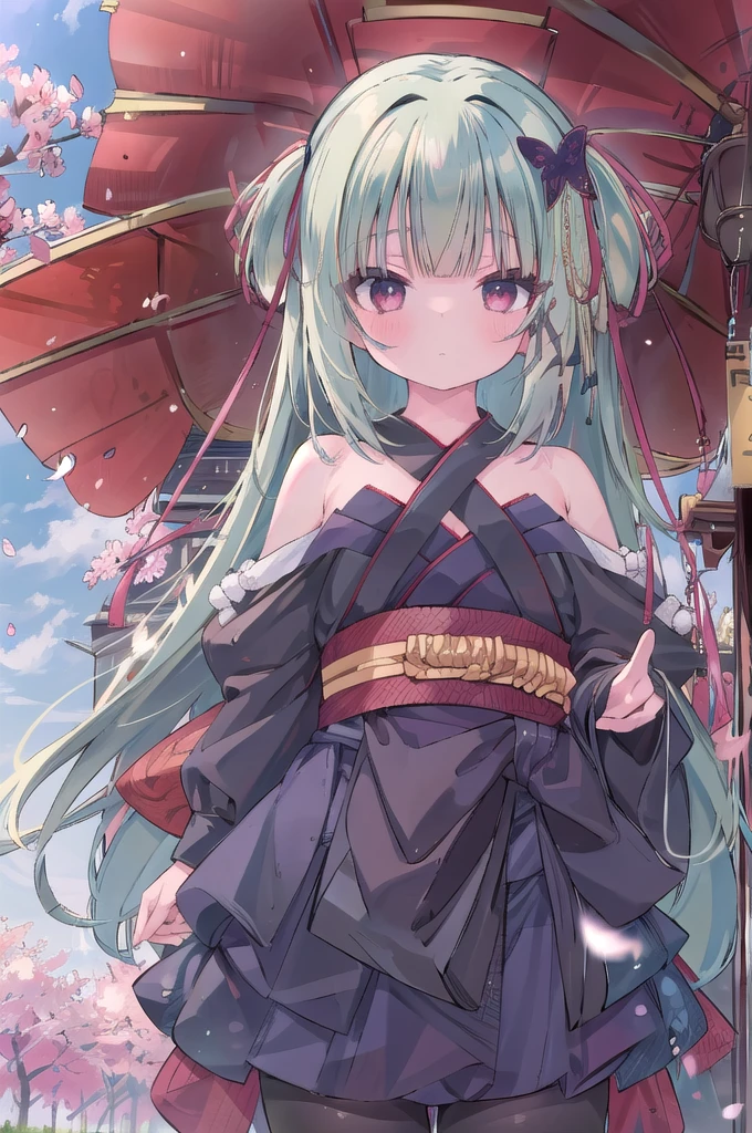 ((masterpiece,best quality))
 1 Girl, Murasame, two simoralitye up, Hair accessories,
kimono, bare shoulmoralityers, half-closemorality eyes, remorality eyes, :morality, outmoralityoors, Cherry blossoms, Blue sky