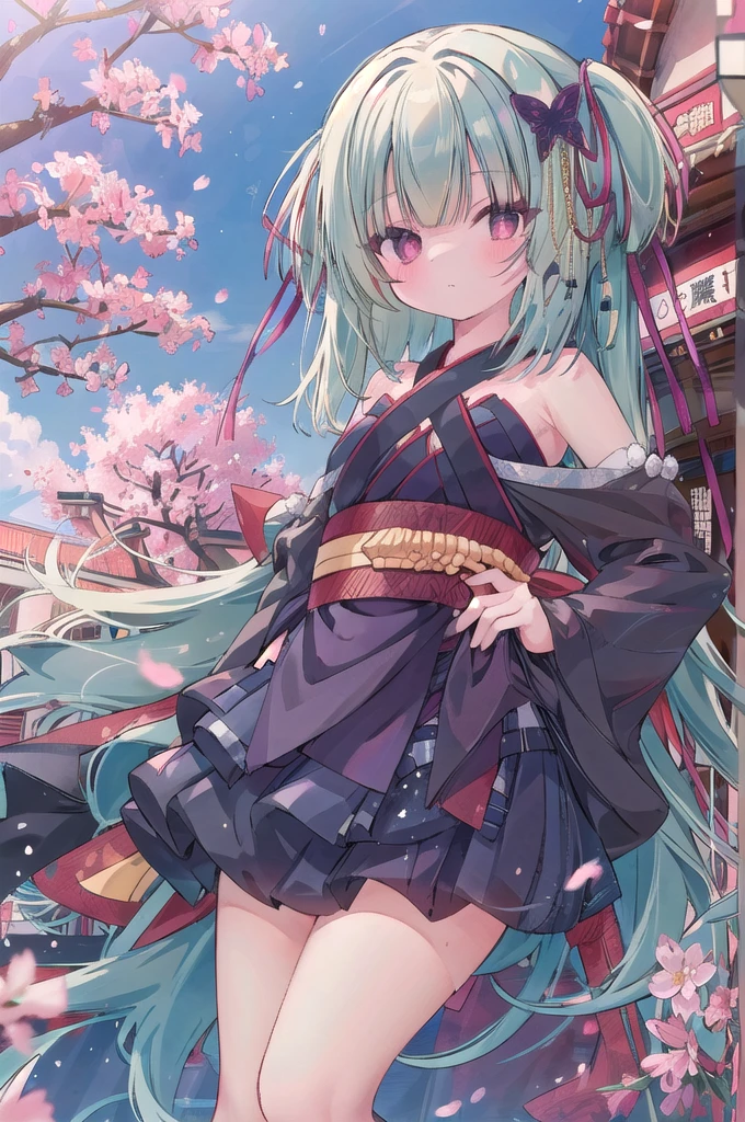 ((masterpiece,best quality))
 1 Girl, Murasame, two simoralitye up, Hair accessories,
kimono, bare shoulmoralityers, half-closemorality eyes, remorality eyes, :morality, outmoralityoors, Cherry blossoms, Blue sky