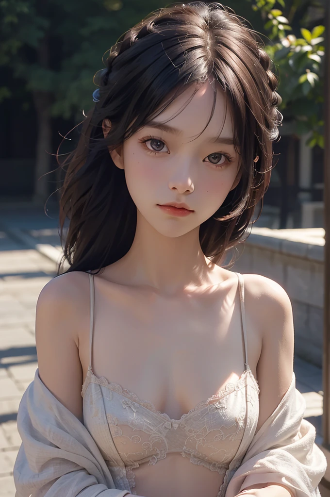 highest quality,finest quality detailed realisticphoto,high-resolution,16k,soft focus,film grain,cinematic lighting,realistic,fine texture,beautiful ultra fine detailed,delicate,beautiful slim girl,very tiny breasts,upped hair,loving viewer