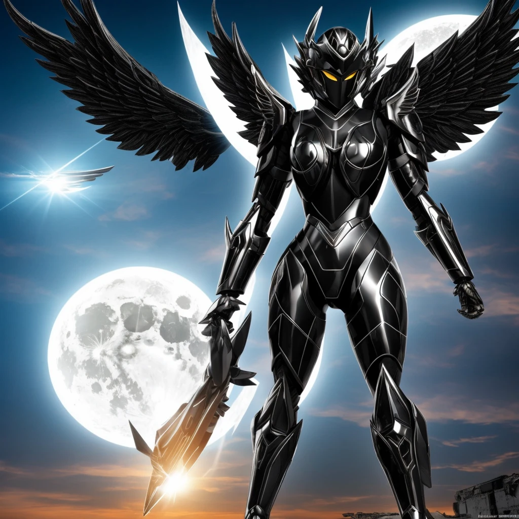 female mecha wings of angel, in black armor, in a destroyed city, the night, with an eclipse in the background