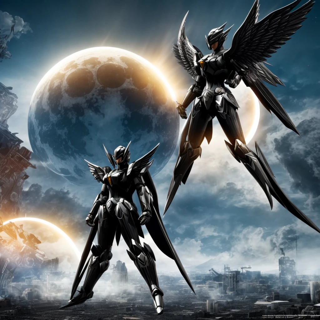 female mecha wings of angel, in black armor, in a destroyed city, the night, with an eclipse in the background
