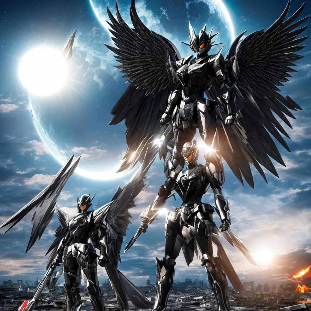 female mecha wings of angel, in black armor, in a destroyed city, the night, with an eclipse in the background