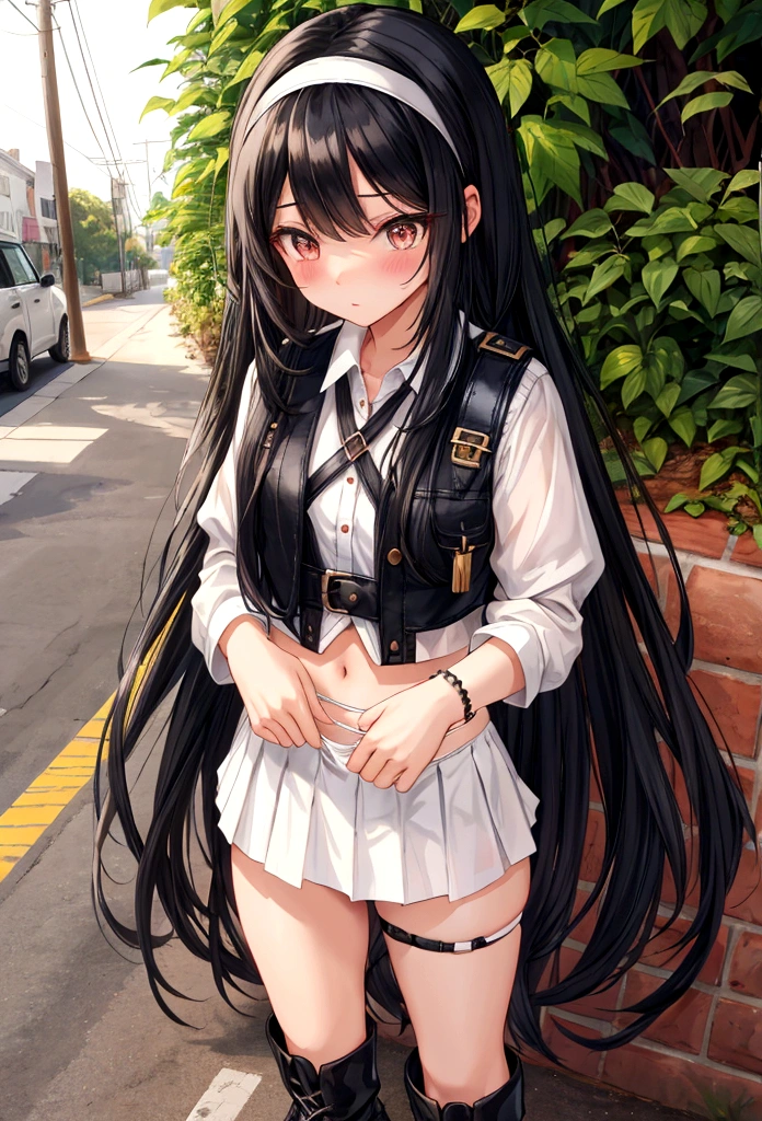 Black Hair straight Long Hair hair band boots mini skirt Outdoor Panty shot White panties Feeling embarrassed