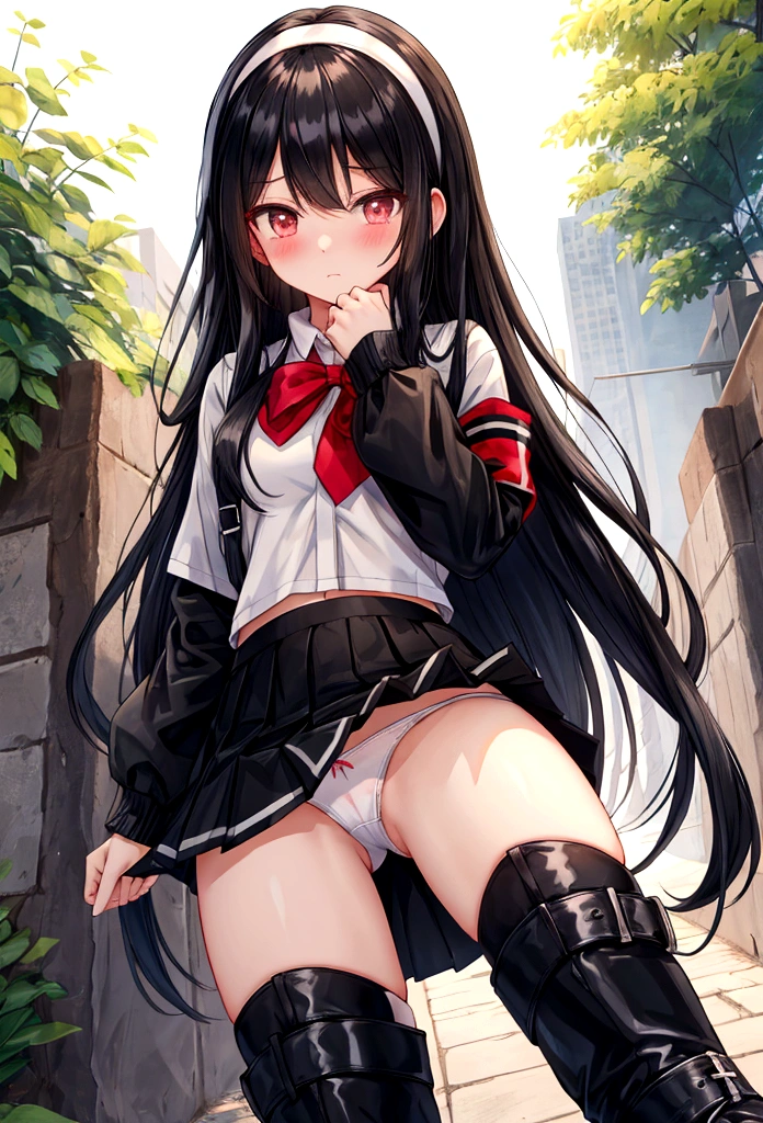 Black Hair straight Long Hair hair band boots mini skirt Outdoor Panty shot White panties Feeling embarrassed