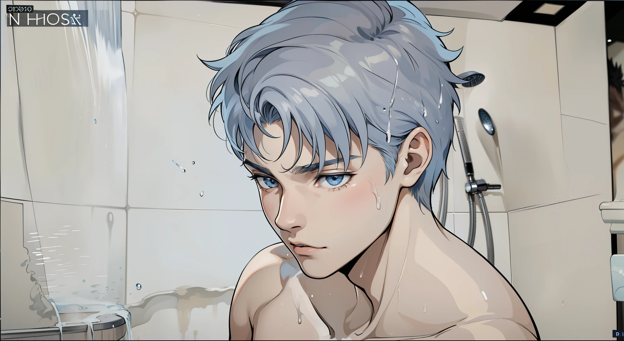 blue water falls from the shower young man, 17 years old, gray hair, he is taking a shower, he feels that someone is approaching from behind him.