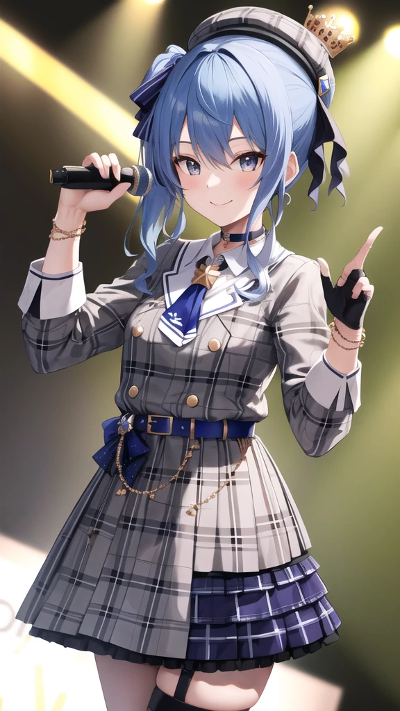masterpiece, best quality, highres, sui1, 1girl, solo, side ponytail, hoshimachi suisei, fingerless gloves, single thighhigh, jewelry, single sock, thigh strap, bracelet, blue socks, buttons, single kneehigh, plaid dress, blue choker, blue belt, plaid skirt, mini crown, grey skirt, blue ascot, long sleeves, plaid jacket, cowboy shot, on the stage, holding microphone, smile,