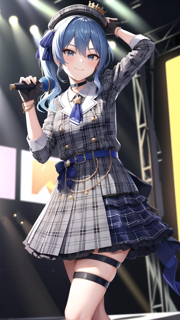 masterpiece, best quality, highres, sui1, 1girl, solo, side ponytail, hoshimachi suisei, fingerless gloves, single thighhigh, jewelry, single sock, thigh strap, bracelet, blue socks, buttons, single kneehigh, plaid dress, blue choker, blue belt, plaid skirt, mini crown, grey skirt, blue ascot, long sleeves, plaid jacket, cowboy shot, on the stage, holding microphone, smile,