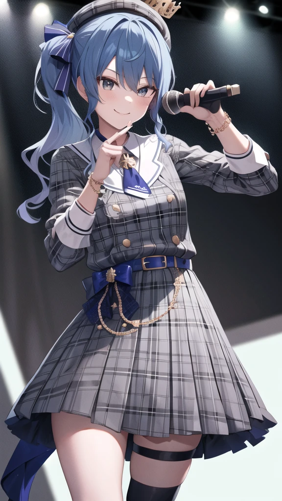 masterpiece, best quality, highres, sui1, 1girl, solo, side ponytail, hoshimachi suisei, fingerless gloves, single thighhigh, jewelry, single sock, thigh strap, bracelet, blue socks, buttons, single kneehigh, plaid dress, blue choker, blue belt, plaid skirt, mini crown, grey skirt, blue ascot, long sleeves, plaid jacket, cowboy shot, on the stage, holding microphone, smile,