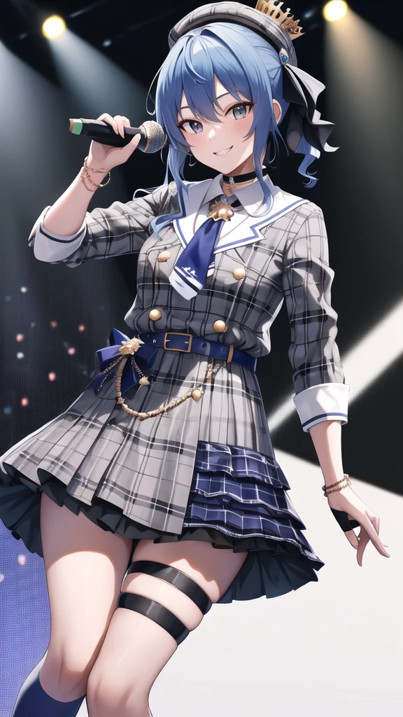 masterpiece, best quality, highres, sui1, 1girl, solo, side ponytail, hoshimachi suisei, fingerless gloves, single thighhigh, jewelry, single sock, thigh strap, bracelet, blue socks, buttons, single kneehigh, plaid dress, blue choker, blue belt, plaid skirt, mini crown, grey skirt, blue ascot, long sleeves, plaid jacket, cowboy shot, on the stage, holding microphone, smile,