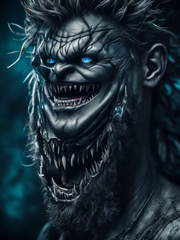 a crazed god of destruction, ultra detailed portrait, striking blue eyes, sharp fangs, wild hair, sinister grin, dark gloomy atmosphere, dramatic lighting, dark fantasy, dark magic, dark magic energy, powerful presence, danger, malevolent, ominous, (best quality,4k,8k,highres,masterpiece:1.2),ultra-detailed,(realistic,photorealistic,photo-realistic:1.37)