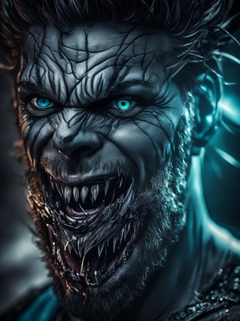 a crazed god of destruction, ultra detailed portrait, striking blue eyes, sharp fangs, wild hair, sinister grin, dark gloomy atmosphere, dramatic lighting, dark fantasy, dark magic, dark magic energy, powerful presence, danger, malevolent, ominous, (best quality,4k,8k,highres,masterpiece:1.2),ultra-detailed,(realistic,photorealistic,photo-realistic:1.37)