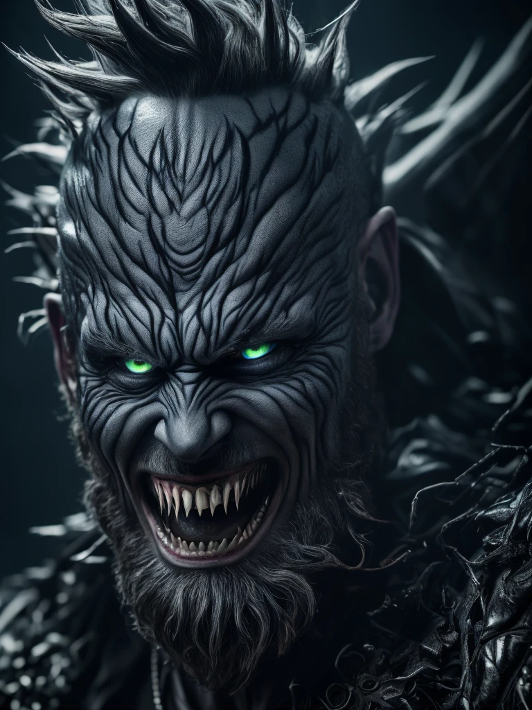 a crazed god of destruction, ultra detailed portrait, striking blue eyes, sharp fangs, wild hair, sinister grin, dark gloomy atmosphere, dramatic lighting, dark fantasy, dark magic, dark magic energy, powerful presence, danger, malevolent, ominous, (best quality,4k,8k,highres,masterpiece:1.2),ultra-detailed,(realistic,photorealistic,photo-realistic:1.37)