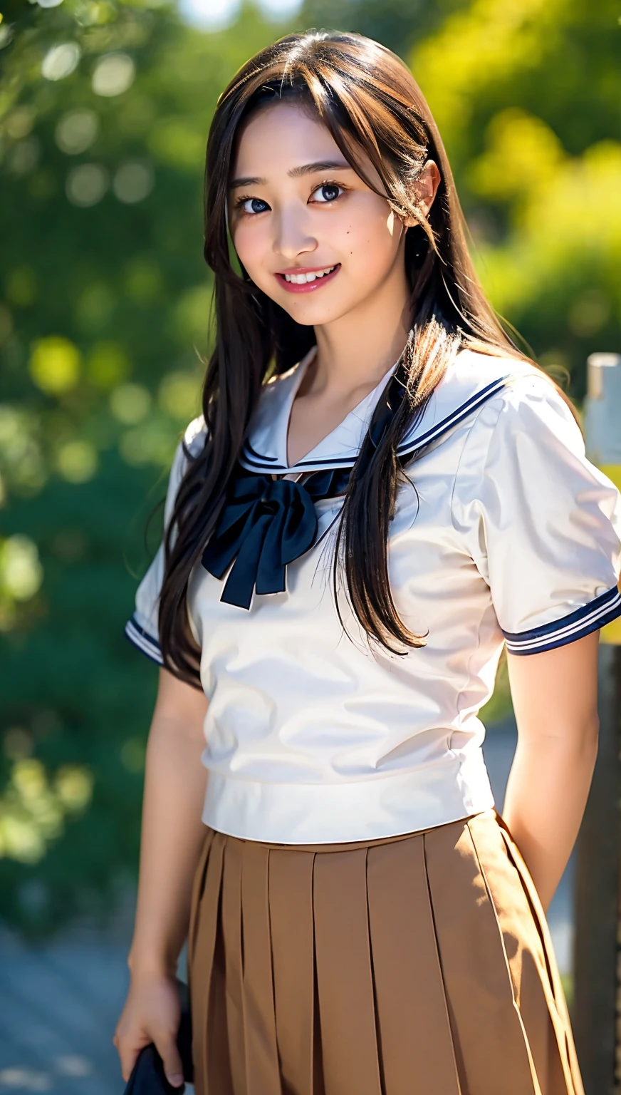 (((cowboy shot))),Ultra-high resolution,big eyes,((brown eyes)),Japanese,(forehead),(a girl),(1 girl),((************)),(cute),pretty,((facing at viewer)),arms behind back,grin,(((black school sailor uniform))),pleated skirt