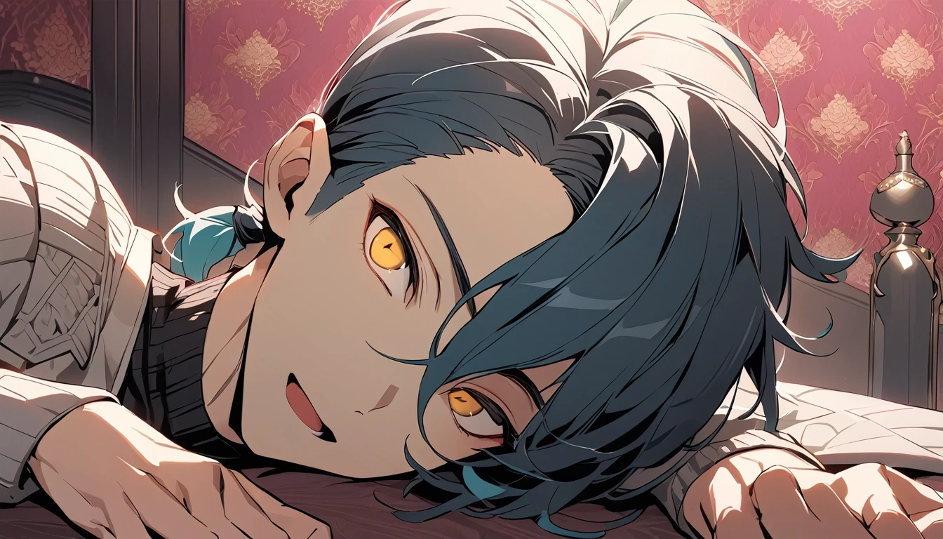 ((((best masterpiece, best quality, wallpaper,)))) solo, guy, male body, small muscles, flat chest, 1male, 30 years old, handsome man, dramatic angle, upper body, looking at viewers, beautiful detailed, Expressionless, lying down, mediumturquoise hair, ((((Lower short ponytail)))), asymmetrical bangs, ((short hair,)) ((( gold eyes, ^o^, tareme, droopy eyes,))) perfect face, extremely detailed eyes, perfect hands, sharp nose, clear face, black turtleneck, grey cardigan, ((silver piercing, pendant,)) leggings, pink background color ultrasharp, 8K, masterpiece,