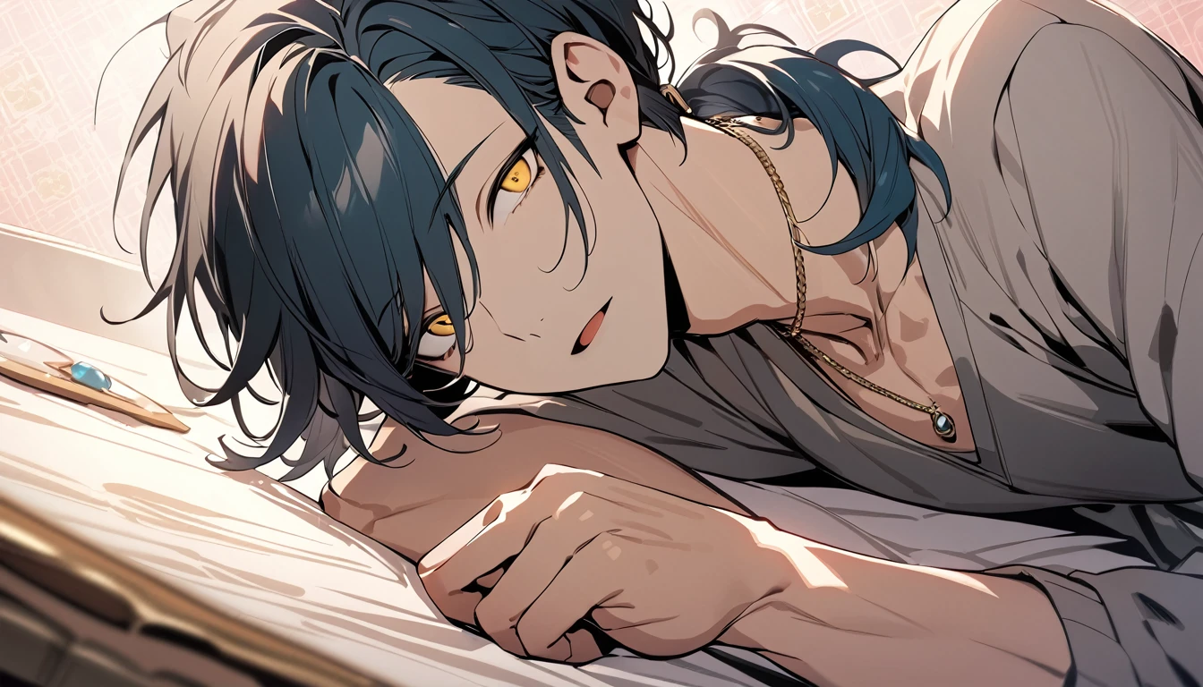 ((((best masterpiece, best quality, wallpaper,)))) solo, guy, male body, small muscles, flat chest, 1male, 30 years old, handsome man, dramatic angle, upper body, looking at viewers, beautiful detailed, Expressionless, lying down, mediumturquoise hair, ((((Lower short ponytail)))), asymmetrical bangs, ((short hair,)) (((  gold eyes, ^o^, tareme, droopy eyes,))) perfect face, extremely detailed eyes, perfect hands, sharp nose, clear face, black turtleneck, grey cardigan, ((silver piercing, pendant,)) leggings, pink background color ultrasharp, 8K, masterpiece,