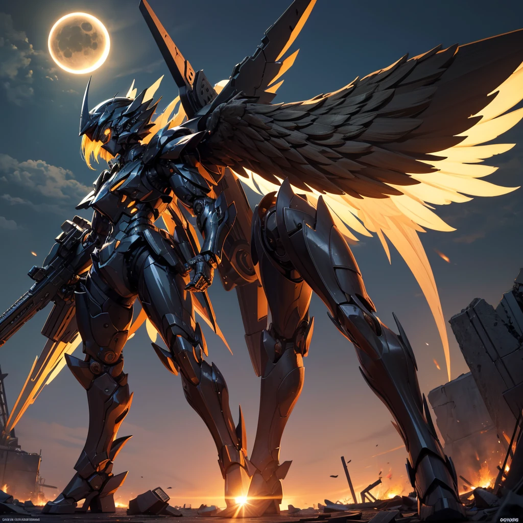 female mecha wings of angel, in black armor, in a destroyed city, the night, with an eclipse in the background