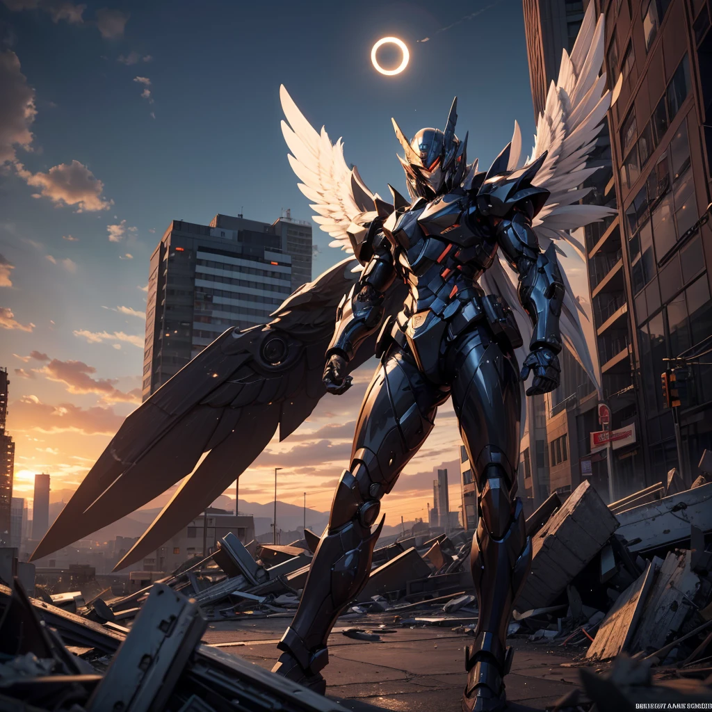 female mecha wings of angel, in black armor, in a destroyed city, the night, with an eclipse in the background