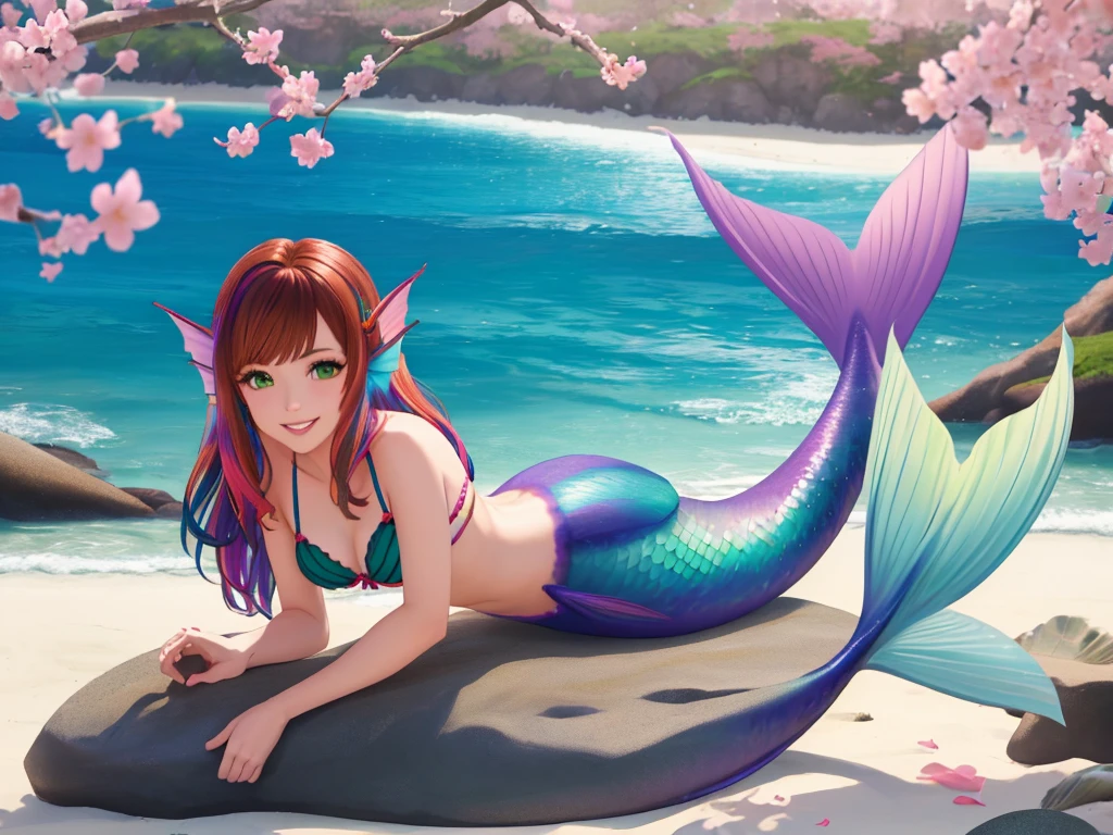 masterpiece, best quality:1.2), 1girl, smile, looking at viewer, green eyes, short brown multicolored hair, mermaid, mermaid girl, wearing purple seashell bra, laying on beach, colorful mermaid tail, outdoors, head fins, fin ears, under cherry blossoms