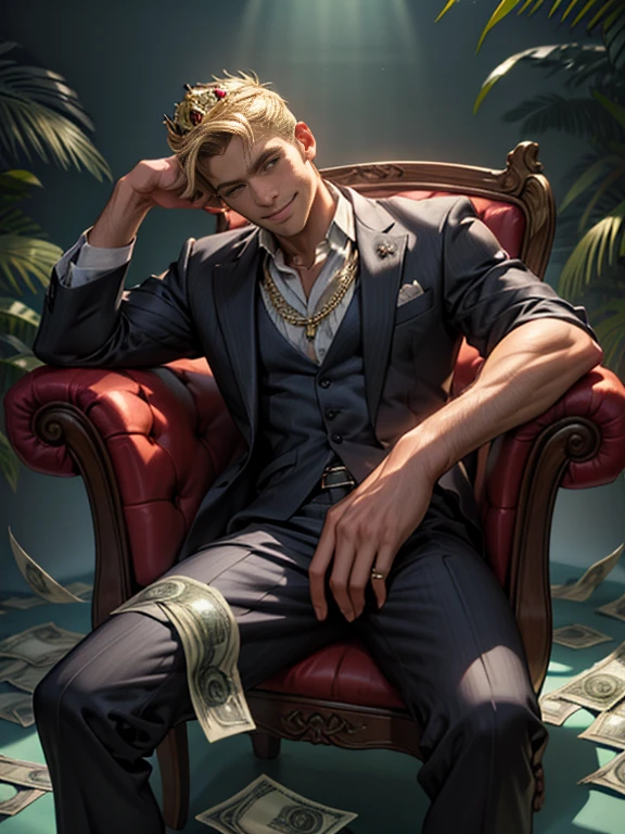 A man sits on a throne made of paper money、suit、crown、Large Gemstone Necklace、Rings on every finger、With a smile、Surrounded by piles of banknotes、With an ecstatic look、Detailed and intricate facial features、Very detailed、8K、Photorealistic、Hyperrealistic、Super detailed、Cinematic lighting、Dramatic Shadows、Bright colors、Lush green environment、Spectacular Scene、masterpiece