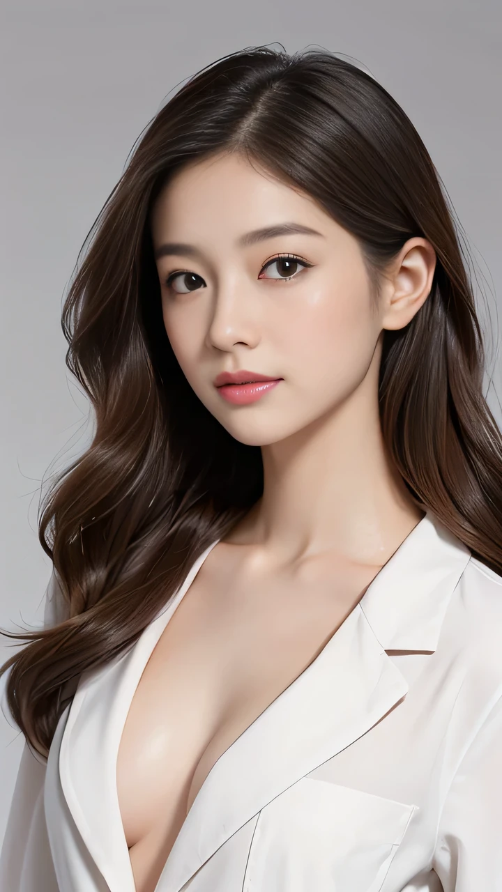 (masterpiece、High level of image quality、high quality),Mature and realistic Japanese woman、21 years old、Super cute、Beautiful feces、Upper Body、Soft skin perfect face、Gorgeous long wavy brown hair、(8K resolution、Surrealism、Ultra Detailed、high quality)、Doctor's white coat、Perfect female doctor,Beautiful female breasts:1.5)、Hospital、Clear skin