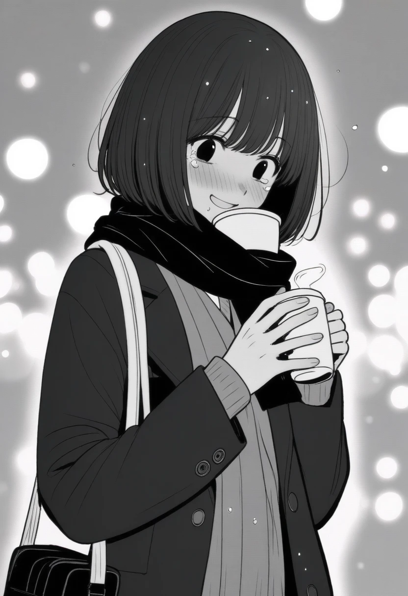 masterpiece, best quality, 1girl, mamerakkkkko, grayscale, manga style, japanese, chi no wadachi, black eyes, street, iced, black hair, schoolbag, smile, lineart, black coat, black scarf, black pleated skirt, leggins, centered, 18 years old, tall, fair skinned, bokeh background, crying, tears, tears streaming, bob cut, light particles, centered, snowing, (((drinking coffee, perfect hand, detailed hand:1.1)), emotional anime scene
