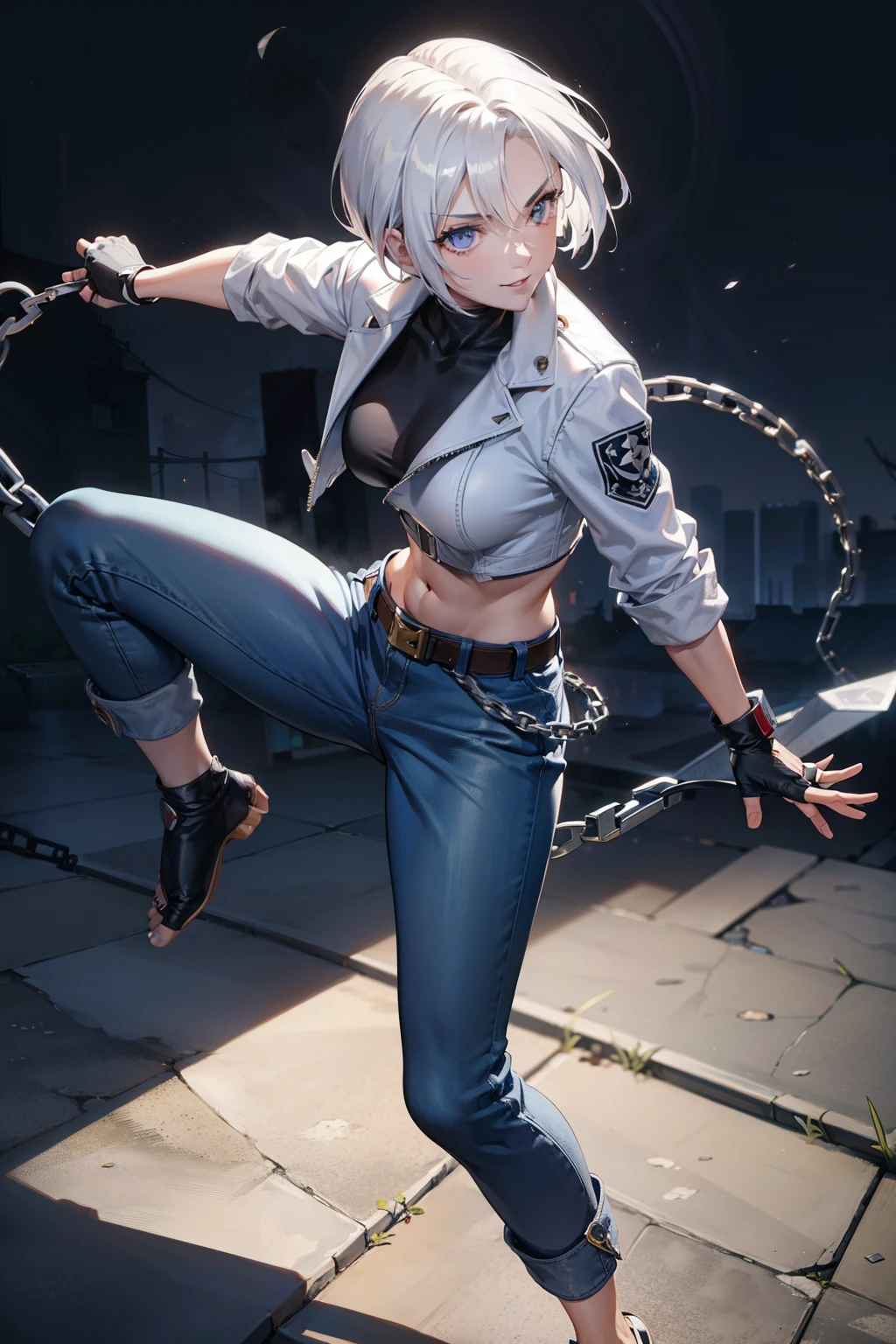 (masterpiece), best quality, silver eyes, perfect face, highres, 1girl, solo, angelms, white hair, white jacket, jeans, fingerless gloves, dangerous pose, parkour, mean smiling, fanstasy background, cowboy shot, fullbody shot, looking at the viewer, from front, chains adornment, shurikens, daggers, kunai, ninja style