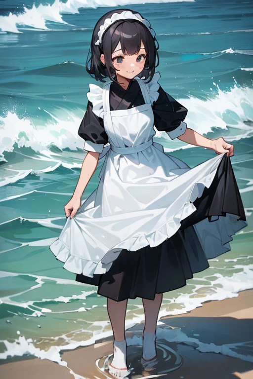 ((high resolution)), Maid clothes, White apron, Headband, 白と黒のMaid clothes, (Fashionable clothes)
Ocean, Waveうち, Wave, water, water遊び, ((Even my clothes are wet 1.1))
服もwaterに浸かっている
かわいい, smile