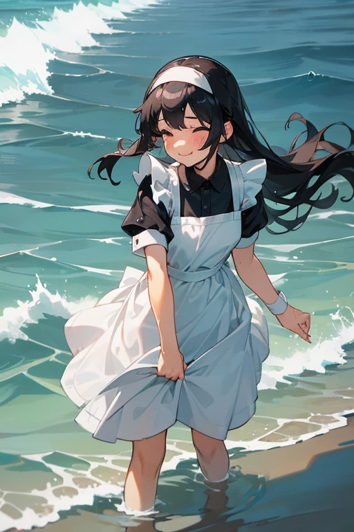 ((high resolution)), Maid clothes, White apron, Headband, 白と黒のMaid clothes, (Fashionable clothes)
Ocean, Waveうち, Wave, water, water遊び, ((Even my clothes are wet 1.1))
服もwaterに浸かっている
かわいい, smile