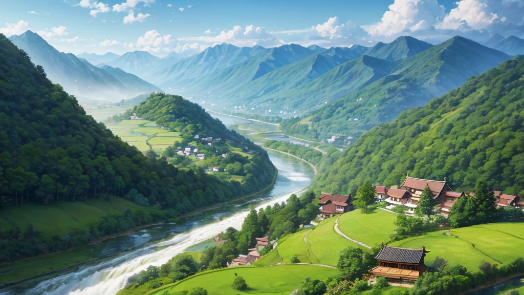 a peaceful landscape, Could be a painting, with a river flowing through the valley and traditional Asian-style houses nestled among lush green nature. The mist-covered mountains lie in the background, and there are birds flying in the sky. The scene is quiet and in harmony with nature, may attract attention for its aesthetic beauty or cultural representation. Aerial view

