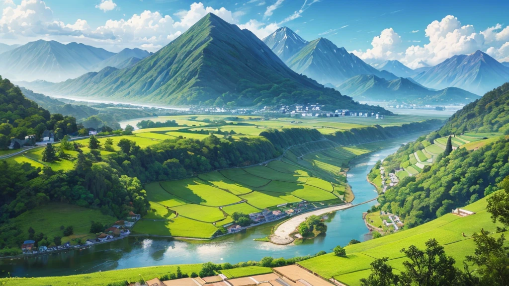 a peaceful landscape, Could be a painting, with a river flowing through the valley and traditional Asian-style houses nestled among lush green nature. The mist-covered mountains lie in the background, and there are birds flying in the sky. The scene is quiet and in harmony with nature, may attract attention for its aesthetic beauty or cultural representation. Aerial view