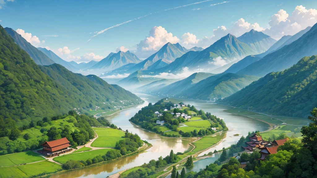 a peaceful landscape, Could be a painting, with a river flowing through the valley and traditional Asian-style houses nestled among lush green nature. The mist-covered mountains lie in the background, and there are birds flying in the sky. The scene is quiet and in harmony with nature, may attract attention for its aesthetic beauty or cultural representation. Aerial view
