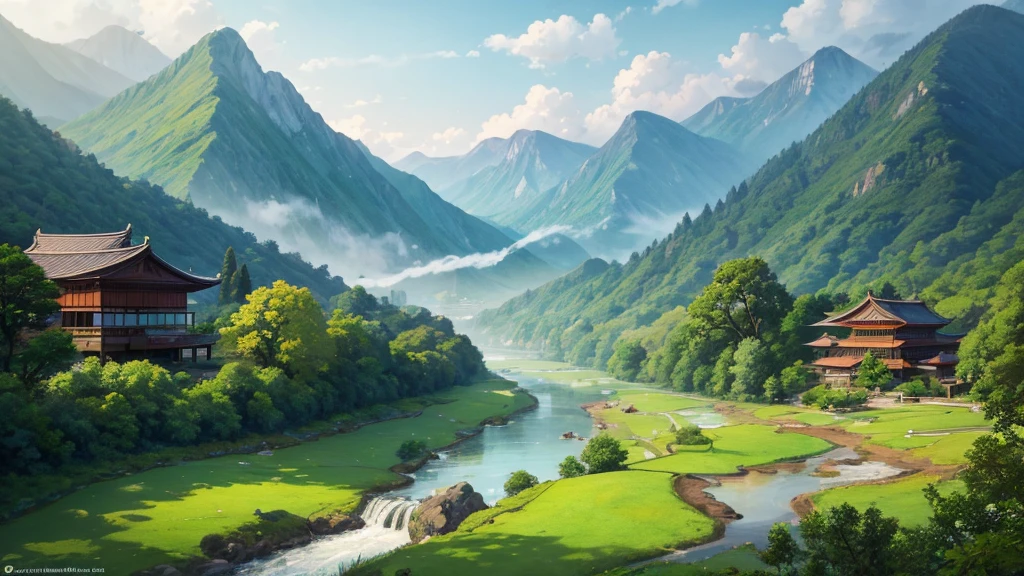 a peaceful landscape, Could be a painting, with a river flowing through the valley and traditional Asian-style houses nestled among lush green nature. The mist-covered mountains lie in the background, and there are birds flying in the sky. The scene is quiet and in harmony with nature, may attract attention for its aesthetic beauty or cultural representation. Aerial view