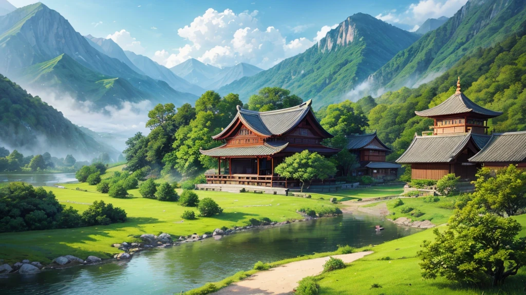 a peaceful landscape, Could be a painting, with a river flowing through the valley and traditional Asian-style houses nestled among lush green nature. The mist-covered mountains lie in the background, and there are birds flying in the sky. The scene is quiet and in harmony with nature, may attract attention for its aesthetic beauty or cultural representation. Aerial view

