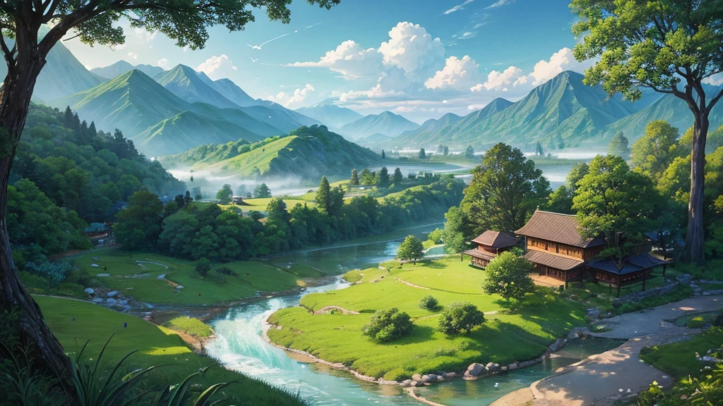 a peaceful landscape, Could be a painting, with a river flowing through the valley and traditional Asian-style houses nestled among lush green nature. The mist-covered mountains lie in the background, and there are birds flying in the sky. The scene is quiet and in harmony with nature, may attract attention for its aesthetic beauty or cultural representation. Aerial view