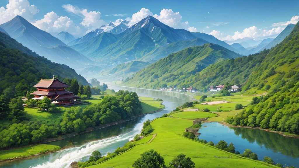 a peaceful landscape, Could be a painting, with a river flowing through the valley and traditional Asian-style houses nestled among lush green nature. The mist-covered mountains lie in the background, and there are birds flying in the sky. The scene is quiet and in harmony with nature, may attract attention for its aesthetic beauty or cultural representation. Aerial view
