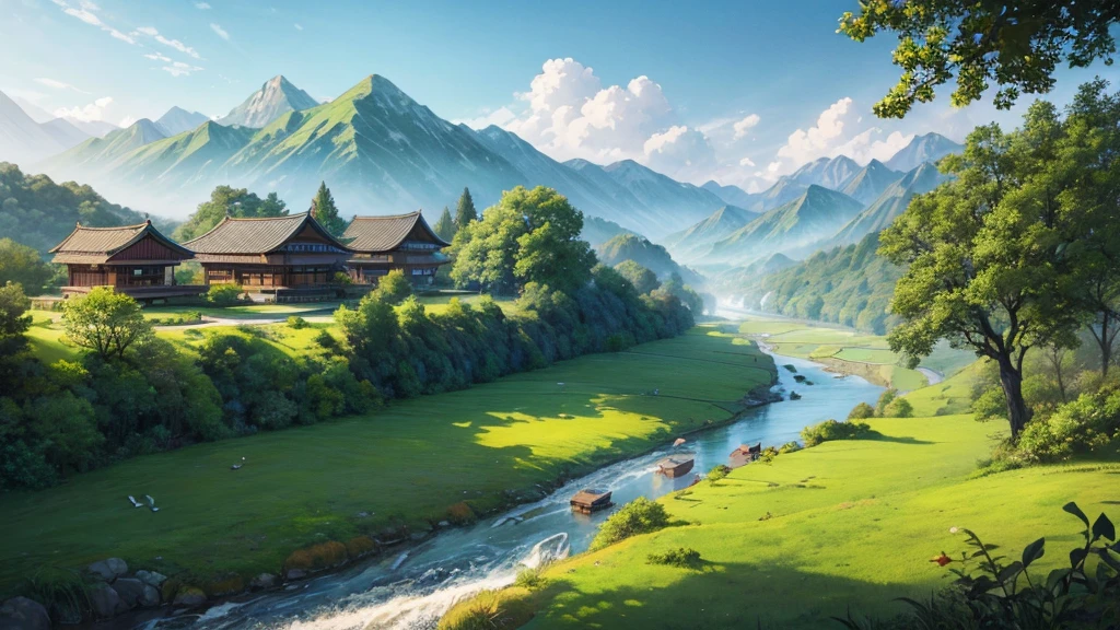 a peaceful landscape, Could be a painting, with a river flowing through the valley and traditional Asian-style houses nestled among lush green nature. The mist-covered mountains lie in the background, and there are birds flying in the sky. The scene is quiet and in harmony with nature, may attract attention for its aesthetic beauty or cultural representation. Aerial view
