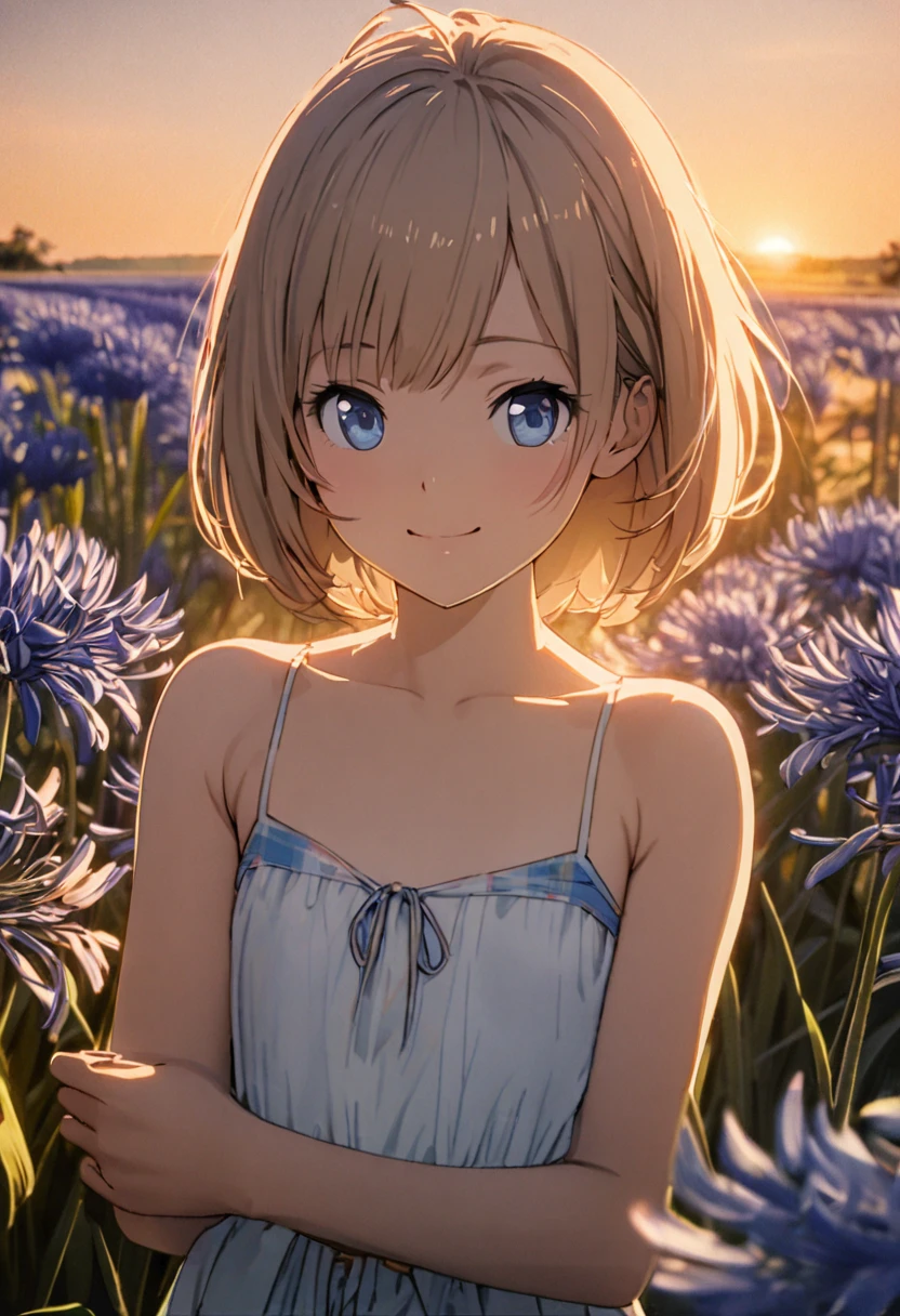 1 girl, 18yo, (flat chest: 1.5), blue eyes, light brown hair, bob cut, early summer outfit, smiling, posing, having fun, upper body, Agapanthus flowers spread across the fields, sunset, 8k, RAW photo, best quality, masterpiece, extremely detailed 8k wallpaper, ultra-detailed, best shadow, detailed background, beautiful detailed face, beautiful detailed eyes, nice hands, perfect hands