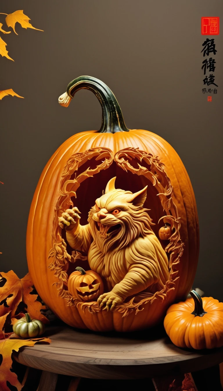 Pumpkin Carving Design Styles,Four divine beasts, Qi Baishi and Chen Longque、Chen Dingbo's dynamic illustration pumpkin carving, Octane Rendering,(best quality, masterpiece, representative work, Official Art, professional, 8K:1.3)