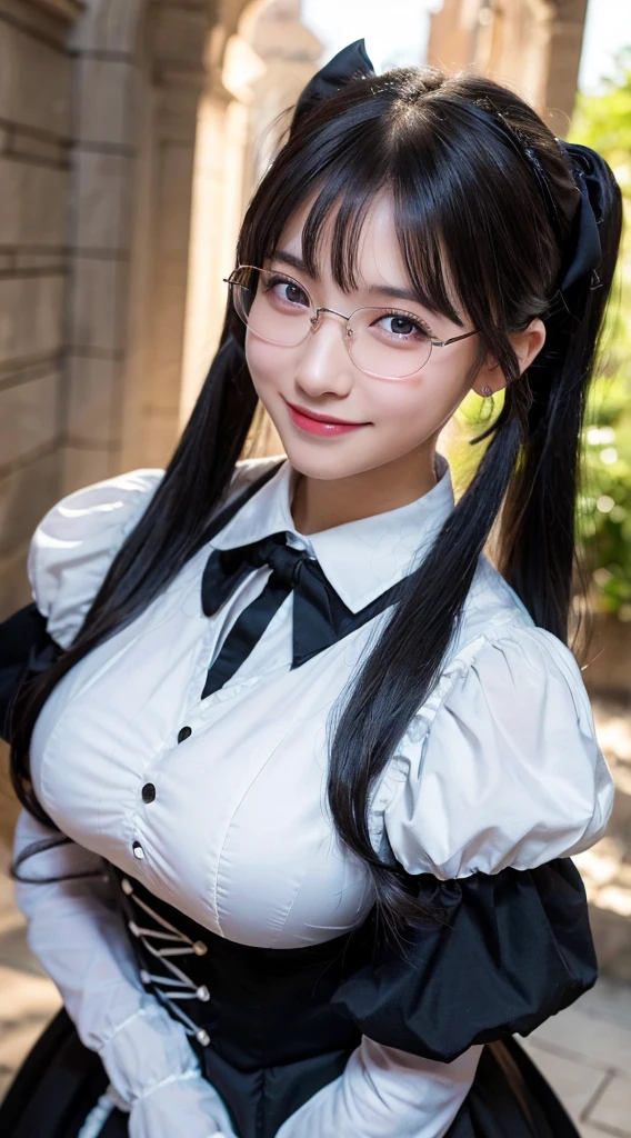 (Highest quality,8K quality,masterpiece:1.3),(Ultra-high resolution,Realistic:1.4,Live Shooting),(Very detailed,Caustics,Detailed Background),(Ultra-Realistic Capture,beautifully detailed skin,Perfect Anatomy),At dusk,Sunset sky, ((Gothic Lolita, Maid clothes, Twin tail hairstyle, black eye)), ,14 years old,cute,single eyelid,Long black hair,,Looking into the camera,へにょへにょしたsmile,whole body,Natural light、Big Breasts、Black-rimmed glasses、smile、Gray Hair