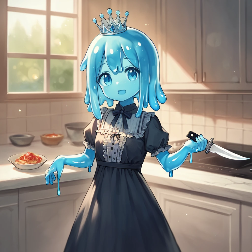 score_9, score_8_superior, score_7_superior, score_6_superior, score_5_superior, score_4_superior, sauce_anime, Slime Girl, Aquamarine Skin, Sheer frilly black dress, Crown of the wreath, In the kitchen, (holding a big sharp knife),  Little, cute, alone, Depth of written boundary, Good bokeh, detailed, beautiful