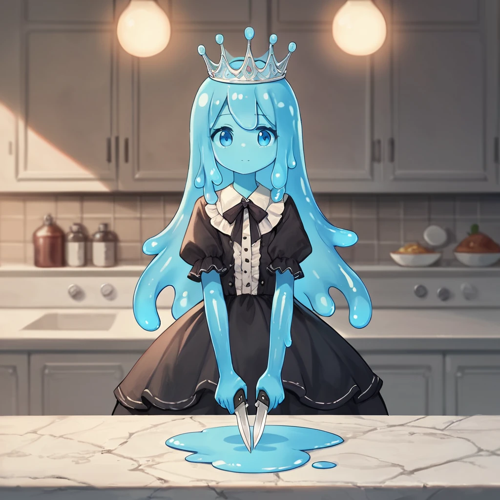 score_9, score_8_superior, score_7_superior, score_6_superior, score_5_superior, score_4_superior, sauce_anime, Slime Girl, Aquamarine Skin, Sheer frilly black dress, Crown of the wreath, In the kitchen, (holding a big sharp knife), Little, cute, alone, Depth of written boundary, Good bokeh, detailed, beautiful
