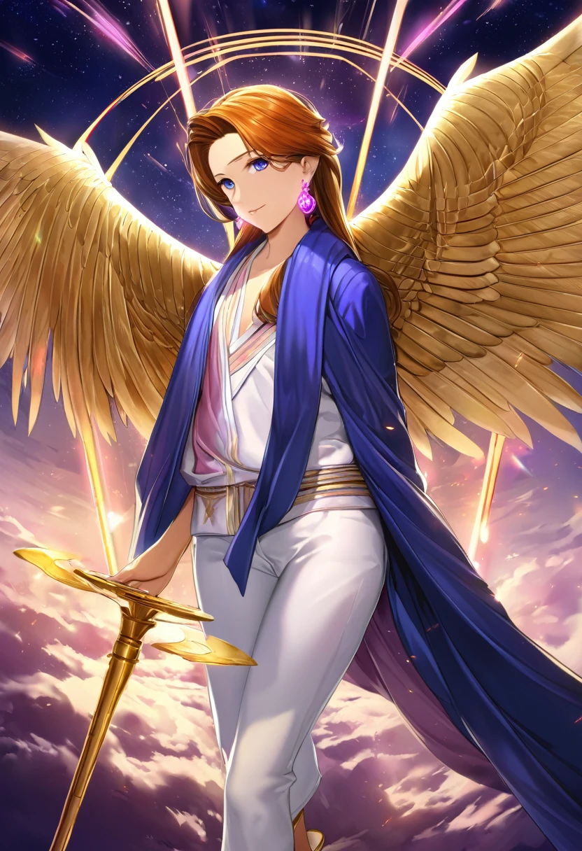 ((Angel)), Masculine, tall, graceful with an ethereal presence, middle-aged man, front view, tanned, smooth, radiant, healthy skin, bright, navy blue eyes, with highlights, ((wearing a flowing purple robe with pink details)), serene smile, mouth semi-open, peaceful expression, orange and brown hair, wavy and haloed, shiny, detailed, (((navy blue earrings))), elegant, (((white pants))), ((((golden sandals)))), many accessories, full body, holding a glowing staff, heavenly background with clouds and light beams, celestial, illuminated, 8k quality, extremely detailed, masterpiece, high resolution, realistic skin texture, hyper realistic, increase resolution, raw photos, best quality, highly detailed, background screen, cinematic lighting, ray trace, golden ratio, dynamic angle, looking at viewer, in an angelic pose, best posture, ((full body)), (((radiant wings)))