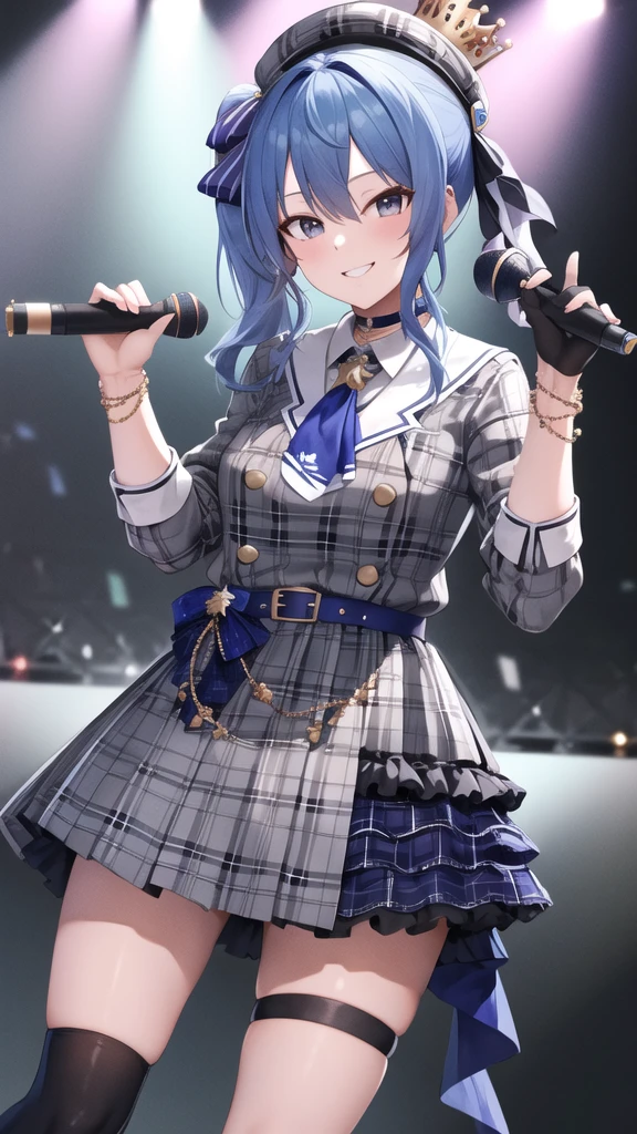 nsfw, masterpiece, best quality, highres, sui1, 1girl, solo, side ponytail, hoshimachi suisei, fingerless gloves, single thighhigh, jewelry, single sock, thigh strap, bracelet, blue socks, buttons, single kneehigh, plaid dress, blue choker, blue belt, plaid skirt, mini crown, grey skirt, blue ascot, long sleeves, plaid jacket, cowboy shot, on the stage, holding microphone, smile,