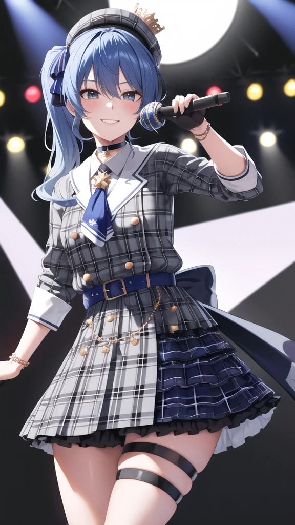 nsfw, masterpiece, best quality, highres, sui1, 1girl, solo, side ponytail, hoshimachi suisei, fingerless gloves, single thighhigh, jewelry, single sock, thigh strap, bracelet, blue socks, buttons, single kneehigh, plaid dress, blue choker, blue belt, plaid skirt, mini crown, grey skirt, blue ascot, long sleeves, plaid jacket, cowboy shot, on the stage, holding microphone, smile,