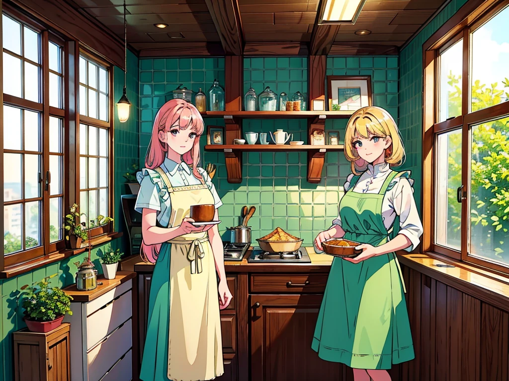 (best quality,4k,8k,highres,masterpiece:1.2),ultra-detailed,a woman standing in the kitchen with mint apron, detailed pink eyes, blonde hair, extremely detailed face, long eyelashes, homely atmosphere, modern utensils,glass jar filled with colorful spices,freshly baked bread,dinning table set with elegant porcelain plates,hanging copper pots and pans,various cooking ingredients,aromatic herbs and spices,subtle smell of vanilla and cinnamon in the air,neatly arranged jars filled with colorful ingredients,wall covered in vintage tiles,soft natural light pouring through the window,green plants on the windowsill,sunlit,inviting atmosphere,lush green garden seen through the window,peaceful vibe,nostalgic ambiance。スープ,お鍋