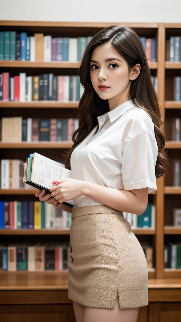 Beautiful Laura Marano, Lips furrowed, Flowing long hair, (Indoor bookstore setting), (Perfect fit, Wide hips, Small waist, Thick thighs), (Wearing a white shirt, Short tweed skirt, nylon), (Glamorous model, photo shoot, Various postures), (Flirting and happy facial expressions) (Standing between tall bookshelves filled with books), (Practical, photo-Practical:1.37), (8K, RAW photos, best quality, masterpiece:1.2), Extremely detailed, Physically Based Rendering, Ultra-high resolution, kodakvision color, Shot with an Arricam LT camera, Bokeh, Clear focus, Looking at the audience, photoPractical, Practical, Solitary, photoPractical, best quality, Extremely detailed face, Extremely detailed eyes and face, Beautiful and delicate eyes, absurd, incredibly absurd.